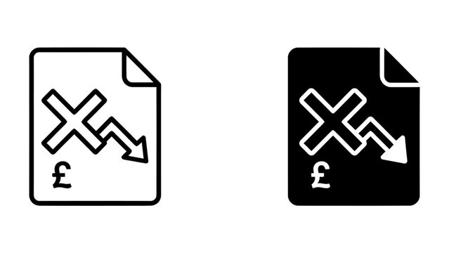Financial Downturn Icon: Two icons depict a document with a pound sterling symbol and a downward trending graph, symbolizing financial loss and economic recession.
