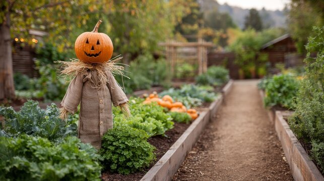cute scarecrow with jack-o-lantern head in a well-kept garden