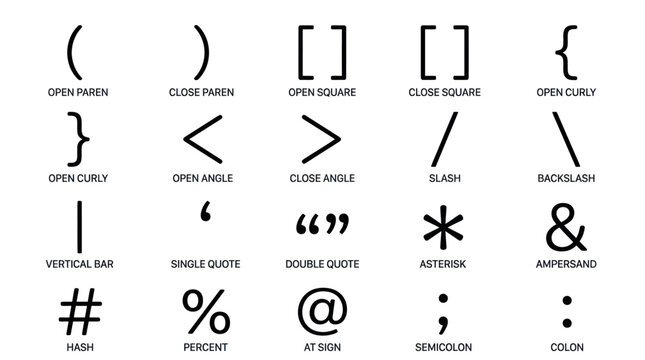 Graphic designers showcase various punctuation symbols and brackets on a clean white background.