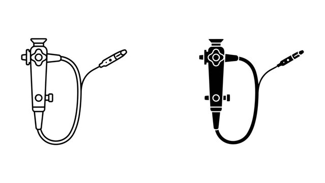 Endoscope Icon Set: Two stylized icons of a medical endoscope, one in outline and the other in solid black, representing diagnostic and surgical tools.