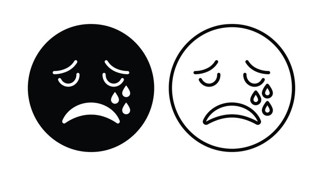 Crying face icons in black and white featuring a simple line art silhouette sadness sorrow unhappiness grief despair