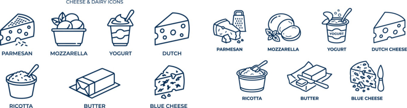 Various cheese types are displayed in a kitchen setting with illustrations.