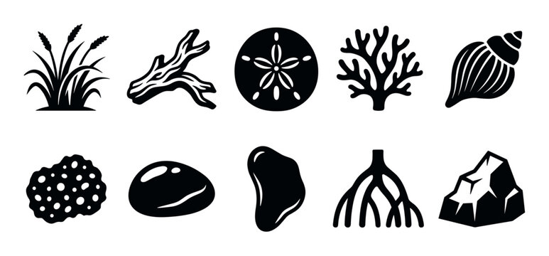 Diverse natural elements collection featuring sand dollar, coral, seashell, driftwood, grass, roots, and various organic rock shapes in a simple black silhouette style.