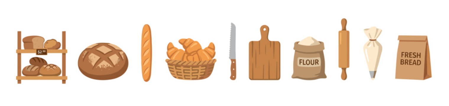 Artisan bakery and fresh bread icon collection featuring bread shelf round loaf baguette pastry basket bread knife cutting board flour bag rolling pin piping bag and paper bag