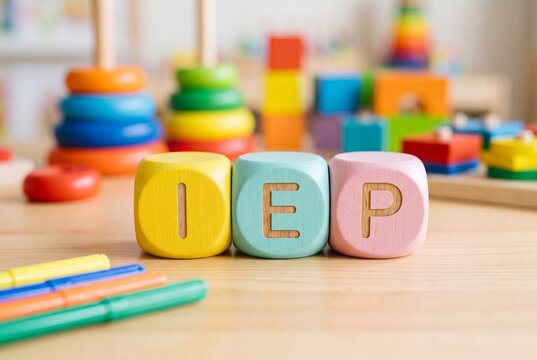 Wooden blocks spelling out IEP on a desk with colorful children's toys and markers in a classroom setting, symbolizing special education and individualized learning plans.