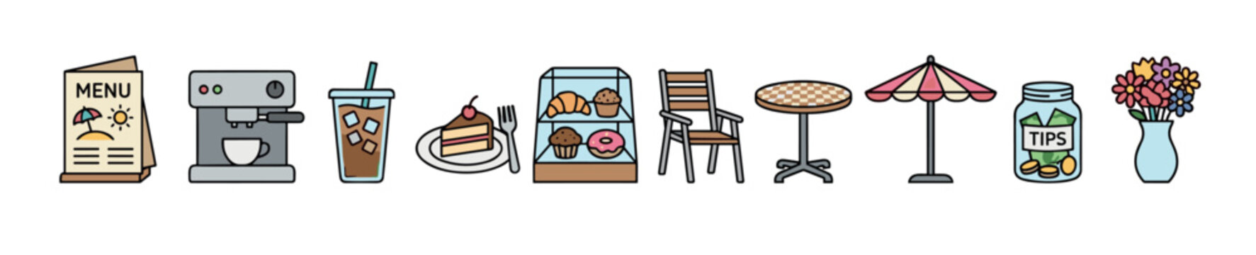 Colorful cafe and restaurant items collection including menu, espresso machine, iced coffee, cake, pastries, furniture, umbrella, tips jar, and flowers.