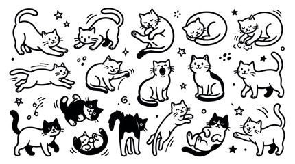 Obraz premium Collection of cute cartoon cats in various playful poses, depicted with simple black outlines on a clean white background