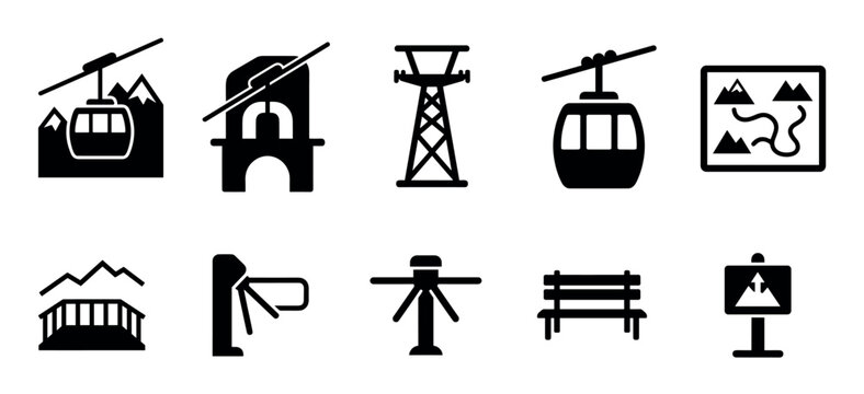 Mountain resort icons, ski lift elements, cable car symbols, and various related infrastructure glyphs are presented in a clear, minimalist black and white style.