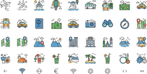Travel and tourism icon set vector illustrations for vacation and adventure themes © FARZANAAKTER