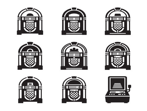 Solid black silhouette jukebox icons set for retro music player design