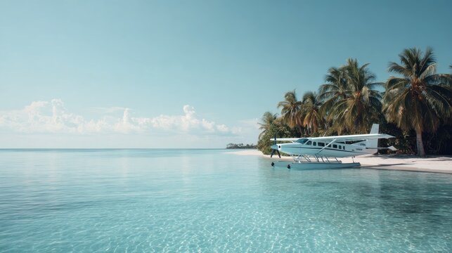 small seaplane near the tropical island with palm trees and blue ocean water