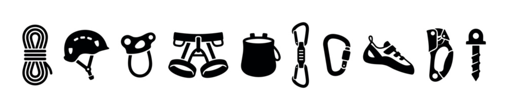 Climbing equipment silhouettes vector illustration set for adventure sports and outdoor activities, depicting essential gear for mountaineering.