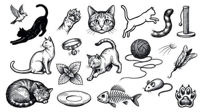 Various hand-drawn cat illustrations and related objects, including different poses, a kitten, paw prints, and toys, on a clean white background