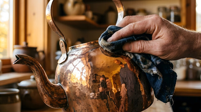 Close-up of a person's hand polishing a vintage hammered copper tea kettle with a cloth in a rustic kitchen, showcasing domestic care, antique restoration, and a cozy home atmosphere.