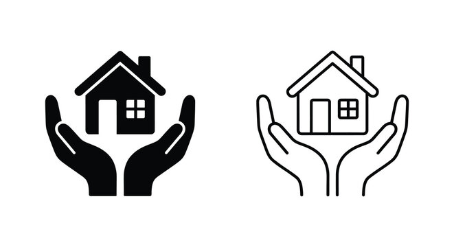 Hands cradling a house shape a two tone line art illustration with a black silhouette home protective dwelling