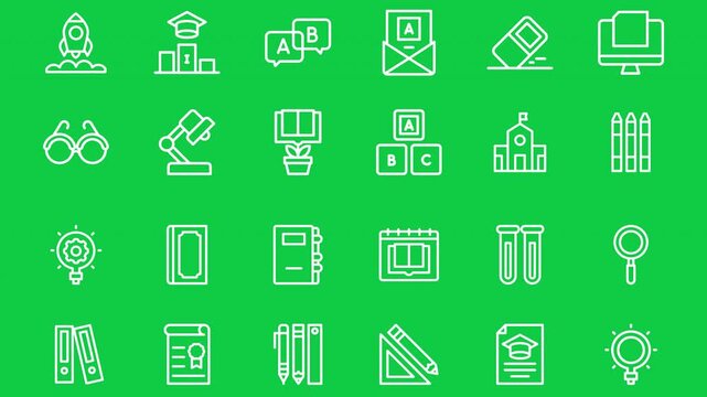 Animated education outline icons collection with transparent background for motion graphics and UI design