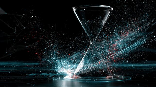 Conceptual digital hourglass shattering with particles and light trails on black background