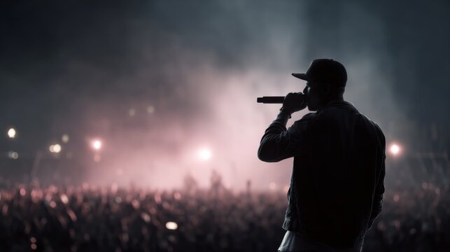 silhouette of a rapper with microphone on stage, fans on the background