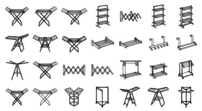 Extensive set of laundry drying racks and clothesline icons for household organization and sustainable living
