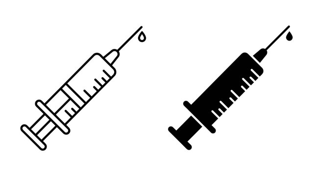 Syringe Icon: A medical syringe with a drop of liquid at the tip, presented in both line art and solid silhouette forms, symbolizing medical treatment or vaccination.