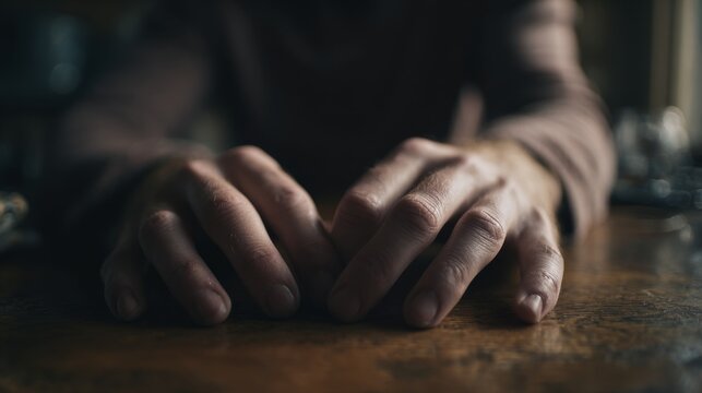Hands resting tensely on a table