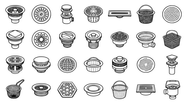 Various kitchen and bathroom sink drain strainer designs for plumbing maintenance illustration