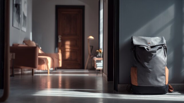Minimal light apartment with packed backpack near the door