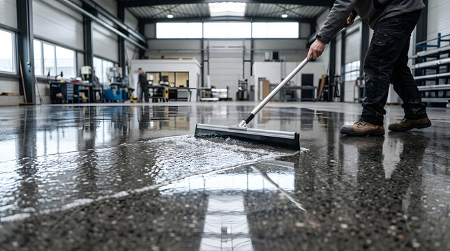 Professional industrial cleaning service worker using a heavy-duty floor squeegee on a polished concrete warehouse floor, janitorial maintenance in a modern factory facility with reflections.