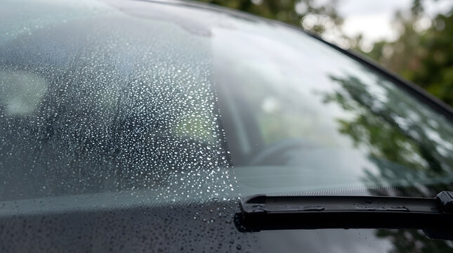 Close up of raindrops on a car windshield with a wiper blade showing the difference between a wet and clean glass surface. Ideal for car care, visibility, and driving safety concepts in rain.
