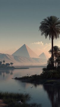 beautiful landscape background with pyramids in sunset light