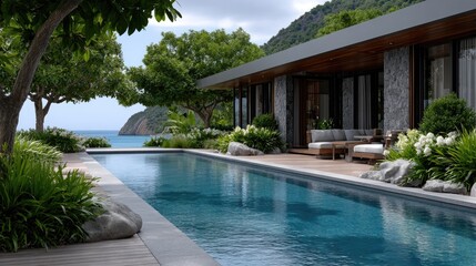 Fototapeta premium Luxury retirement eco resort offers views of ocean and mountains, featuring infinity pools and timber villas in garden settings during the golden sunrise