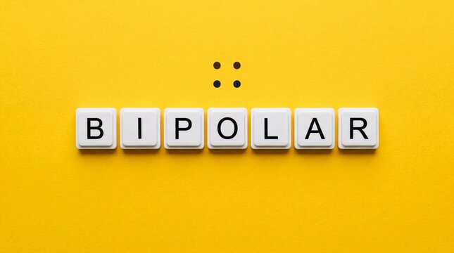 White plastic tiles spelling the word BIPOLAR arranged on a vibrant yellow background with a small black colon punctuation mark above.