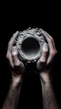 top view of hands molding clay doing vase on black background with copy space