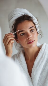 Woman grooming eyebrows with spoolie in front of mirror