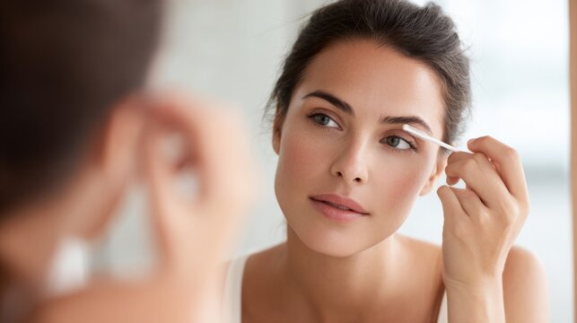 Woman grooming eyebrows with spoolie in front of mirror