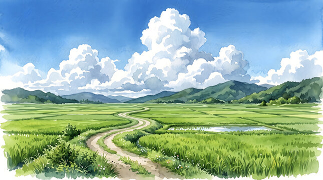 夏の田園風景と入道雲の水彩イラスト