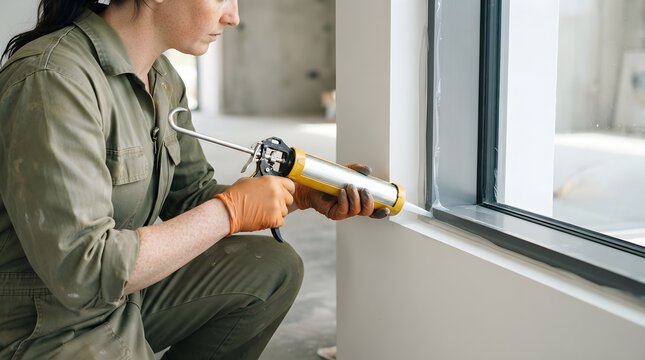 Professional construction worker applying white silicone sealant to a window frame using a yellow metal caulking gun inside a building