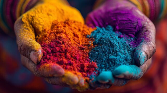 Hands holding many bright Holi powders