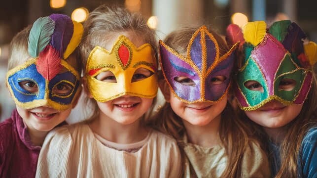Happy kids dressed in colorful Purim costumes