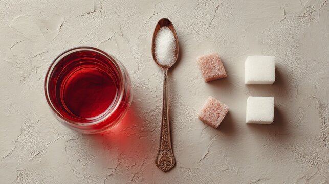 Flat lay of Turkish tea glass, spoon and sugar cubes