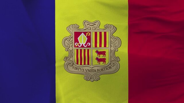 Andorran flag fabric with coat of arms and blue yellow red stripes