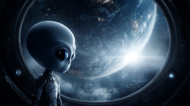 portrait of alien with big eyes in a spaceship looking at Earth planet