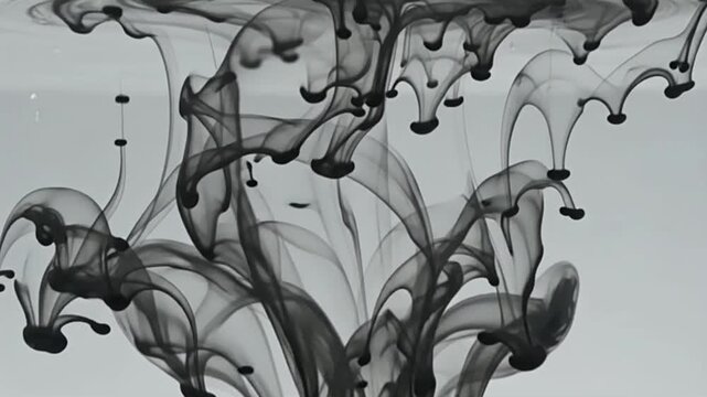 A photorealistic black ink bloom effect in clear water with gentle branching expansion