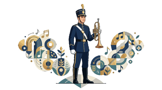 Marching Band Musician in Blue Uniform Holding Trumpet Vector Art