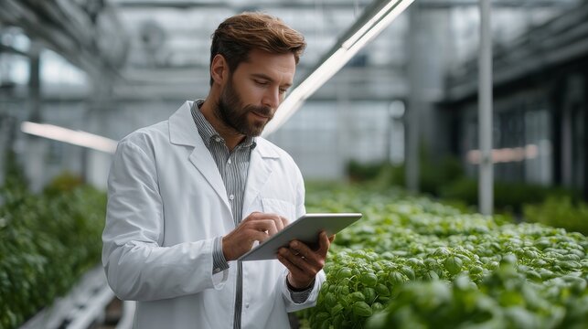male scientist with tablet pc in a modern greenhouse between rows with growing plants