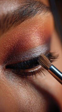 Close-up of eyeshadow blending on eyelid, professional makeup technique