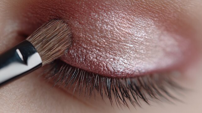 Close-up of eyeshadow blending on eyelid, professional makeup technique