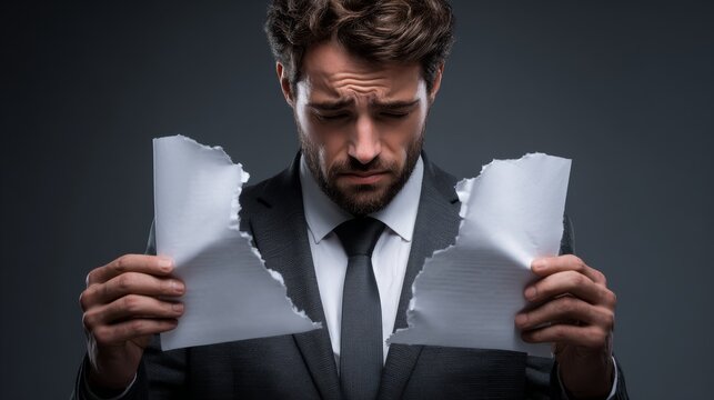 sad man in suit broke on two pieces white paper document