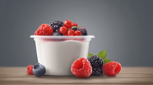 Plastic yogurt cup with fresh berries with copy space