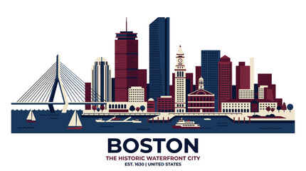 Obraz premium Boston Massachusetts Skyline Vector Illustration in Flat Retro Style with Navy Blue and Burgundy Waterfront Cityscape